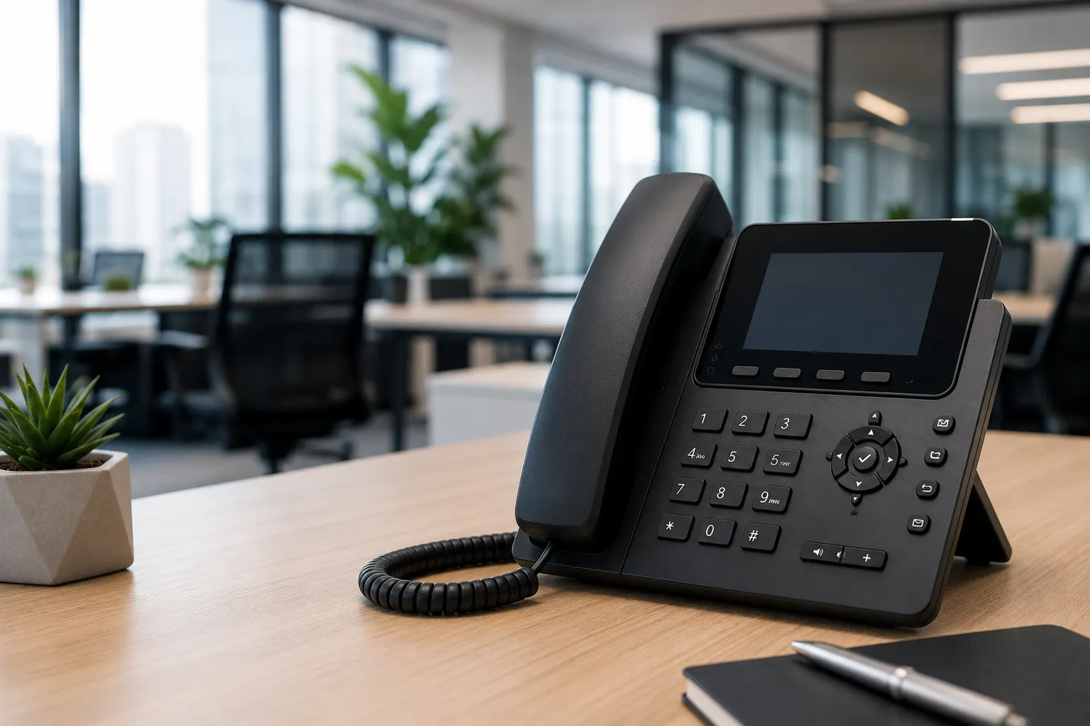 IP desk phone on an office desk