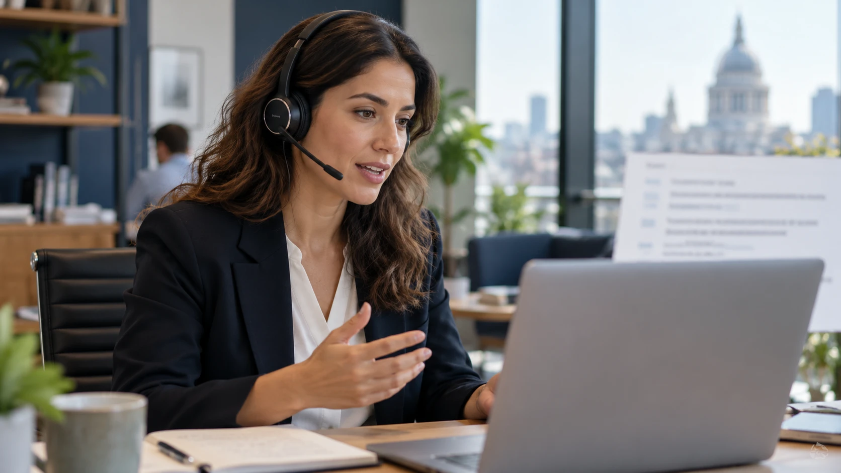 Office professional on a headset call at a laptop with a notebook beside her