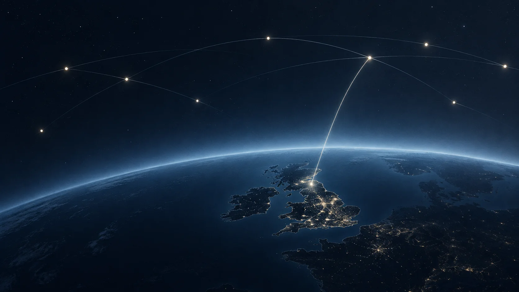 Illustration of a low-Earth-orbit satellite network connecting the United Kingdom