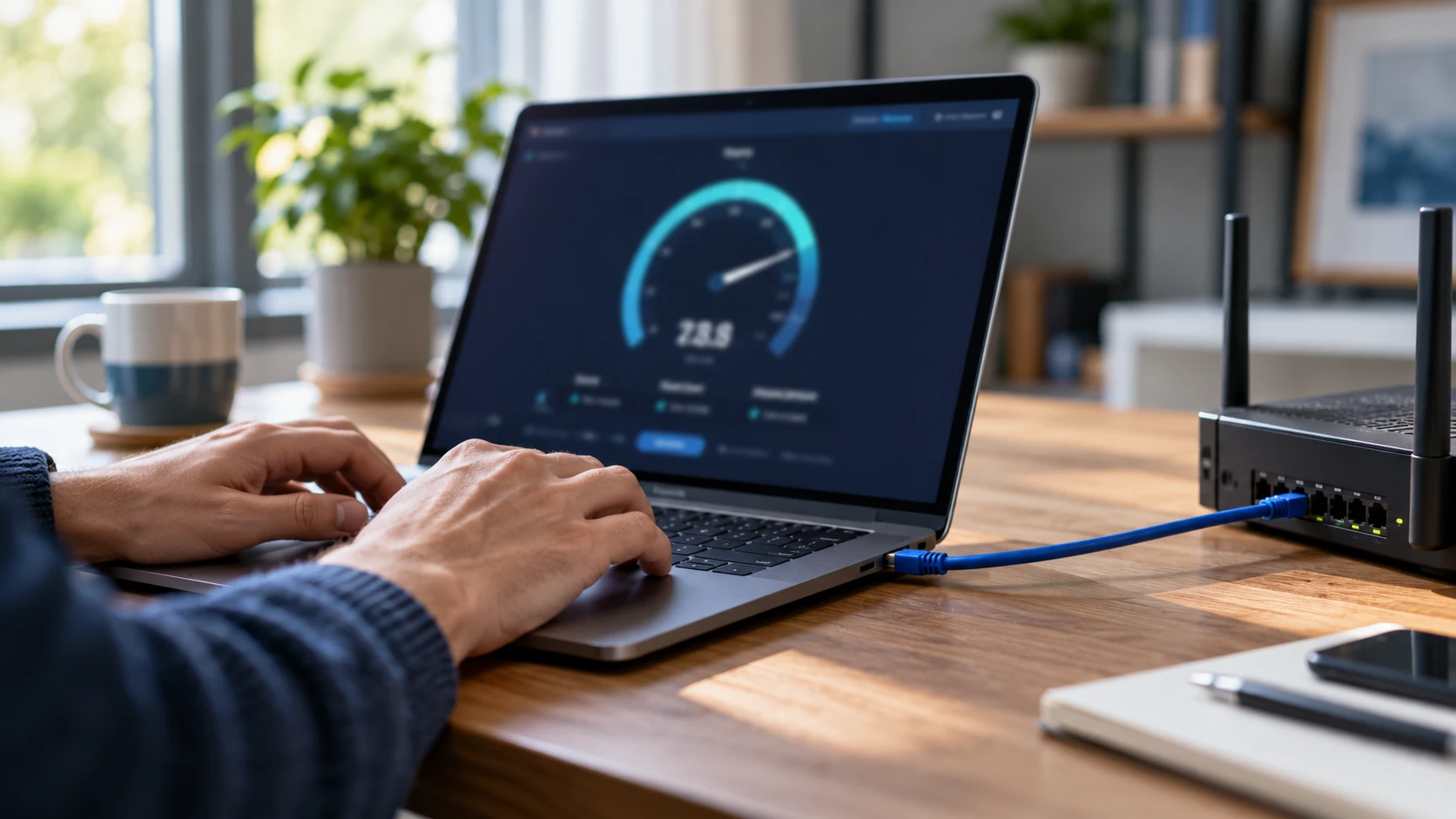 Laptop running an internet speed test while connected to a router by an Ethernet cable