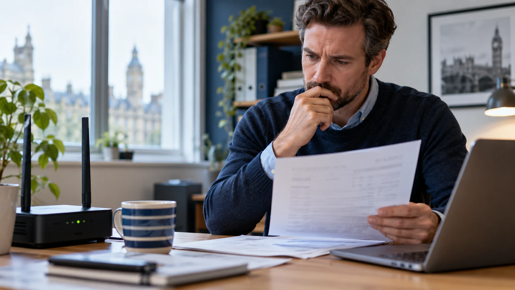 Business owner reviewing a broadband bill beside the office router and laptop