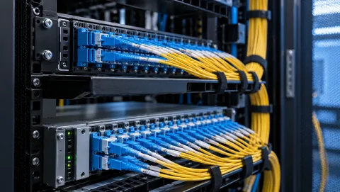 Fibre patch leads connected to a network rack for a dedicated internet access leased line