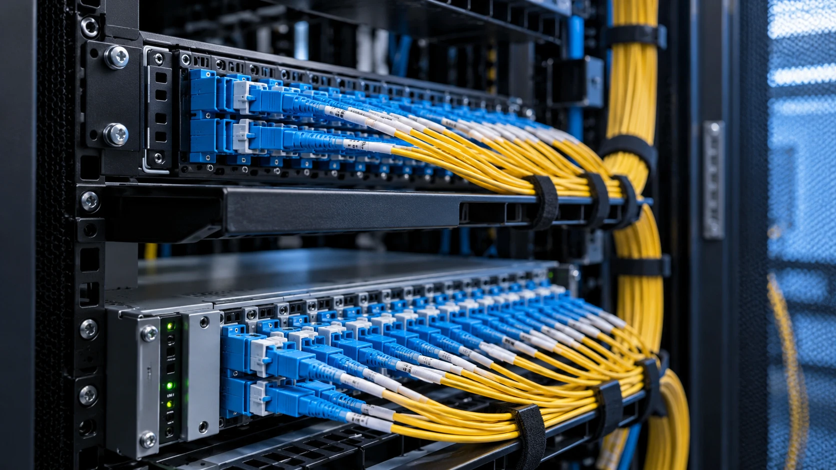 Fibre-optic patch leads connected to fibre patch panels in a network rack