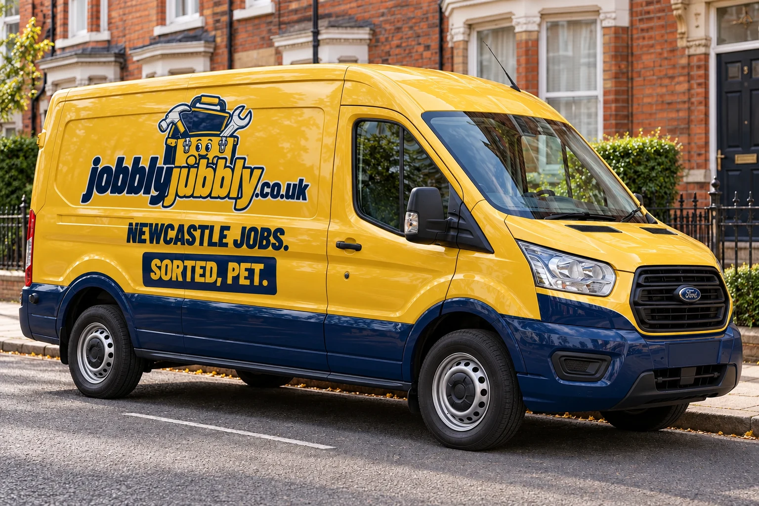 Illustrative Jobbly Jubbly van with yellow and navy branding on a residential street