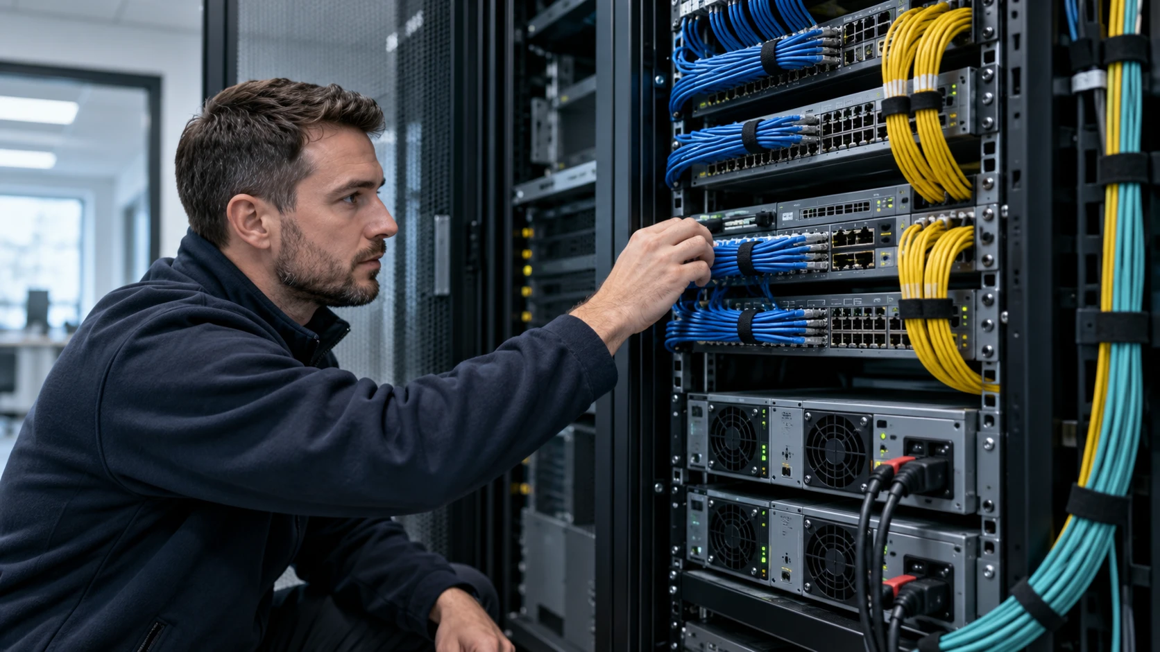 Network engineer patching cables in a comms rack with redundant power supplies