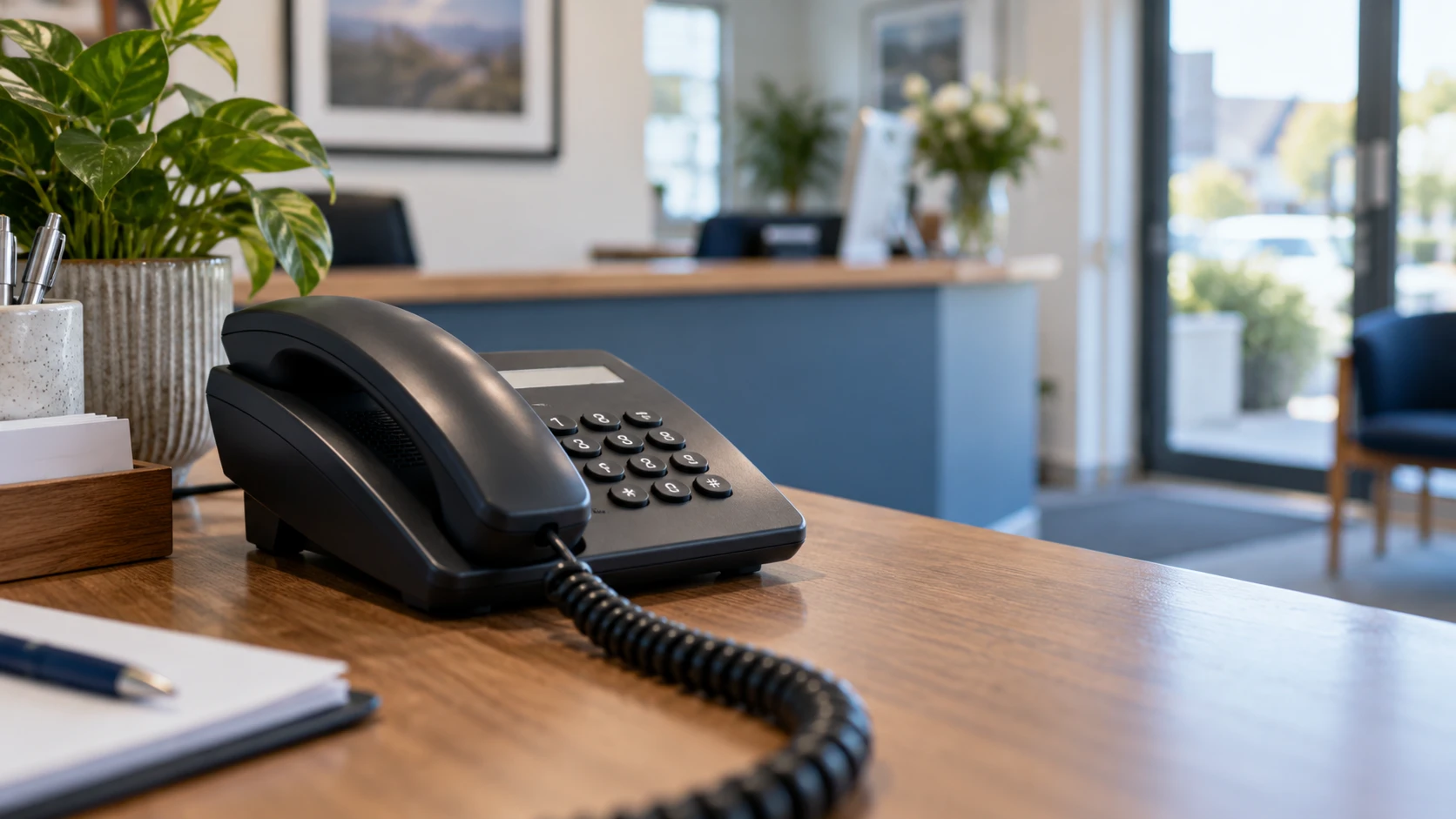 Traditional black corded telephone on a small-business reception desk