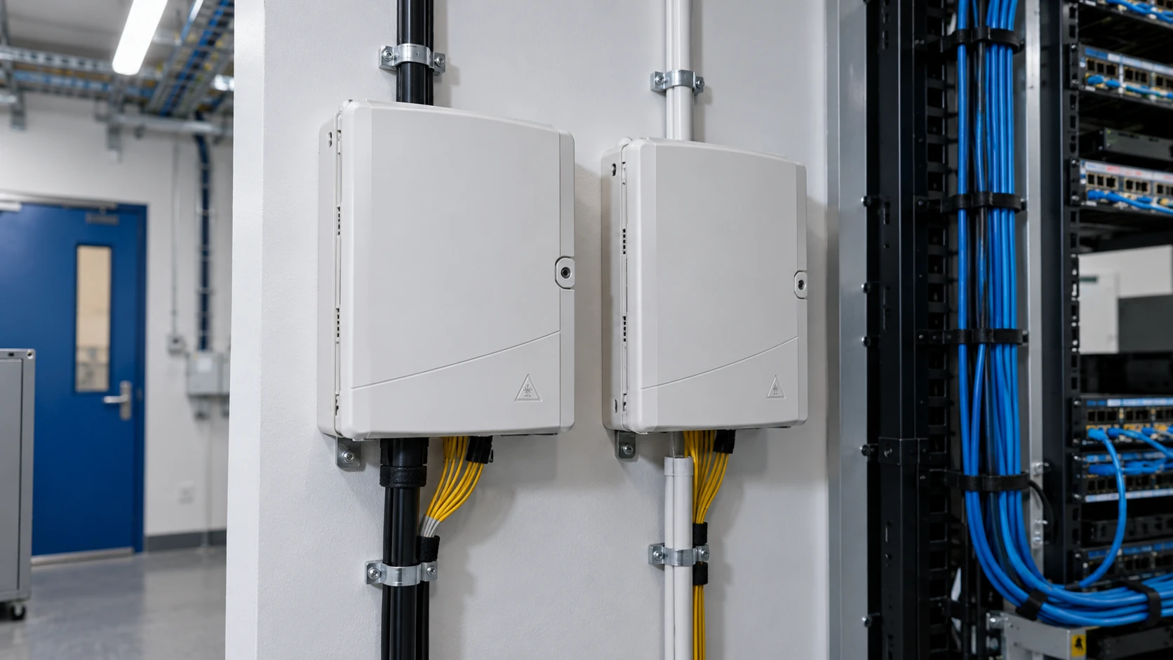 Two fibre termination enclosures on a comms room wall, each fed by its own separate duct