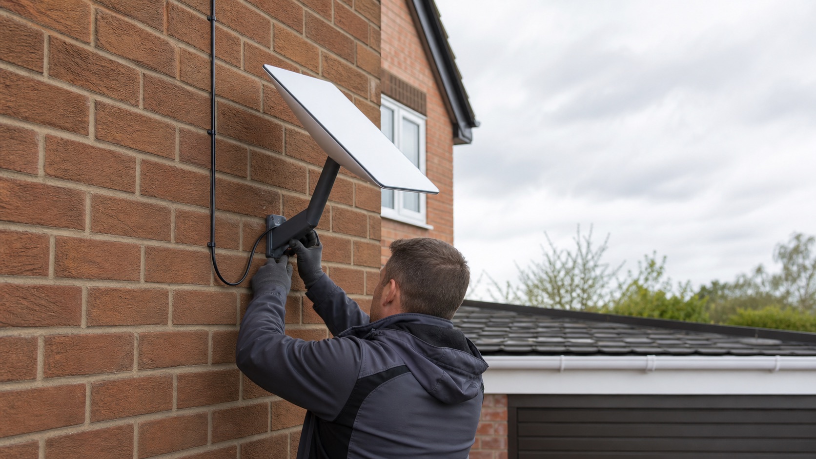 Satellite internet dish being professionally installed on a brick wall
