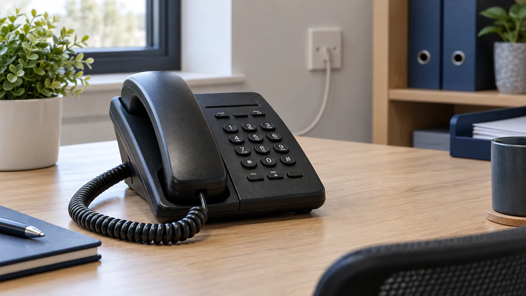 Traditional black corded landline telephone on a small-business office desk