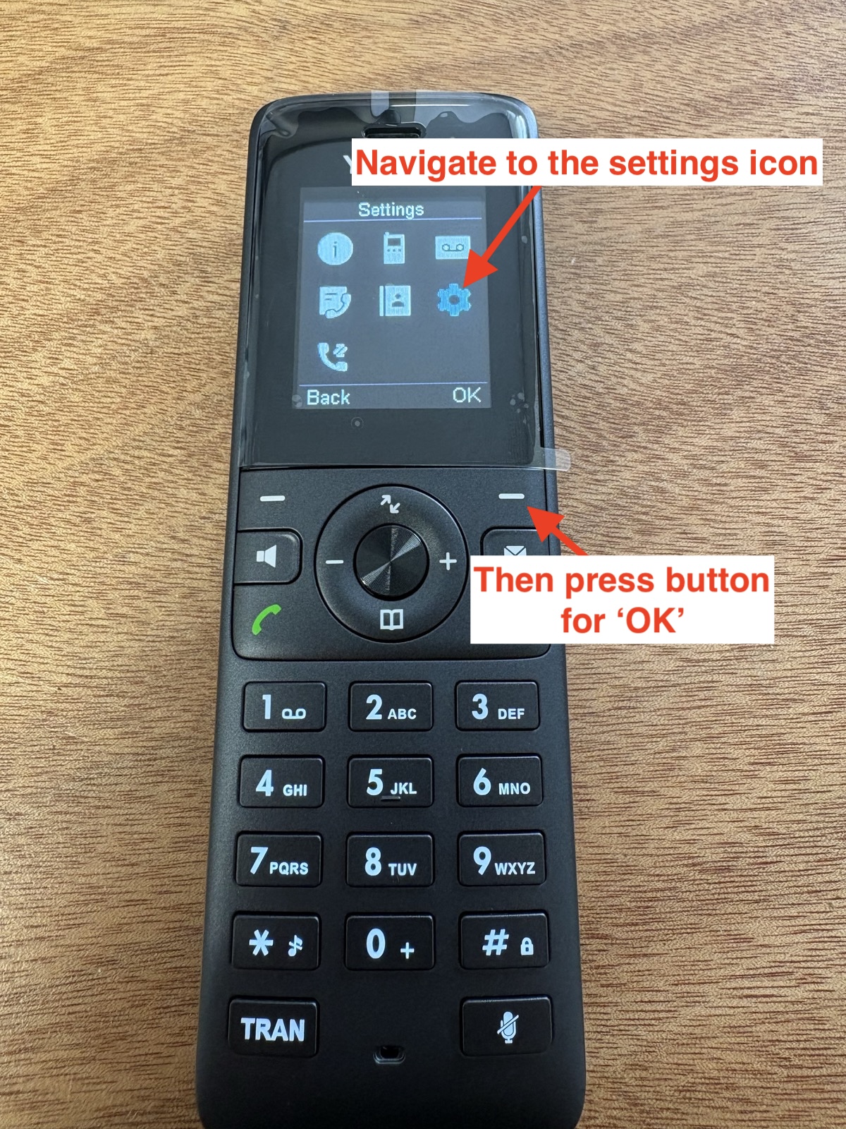 Yealink handset with the settings icon selected