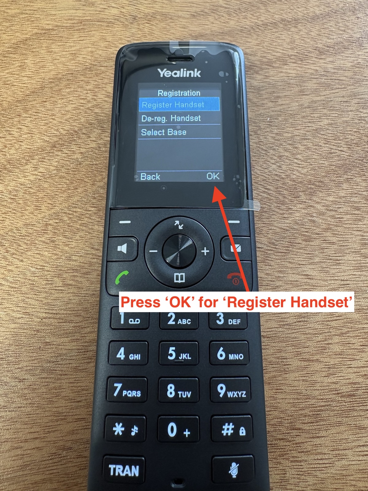 Yealink handset with Register Handset highlighted