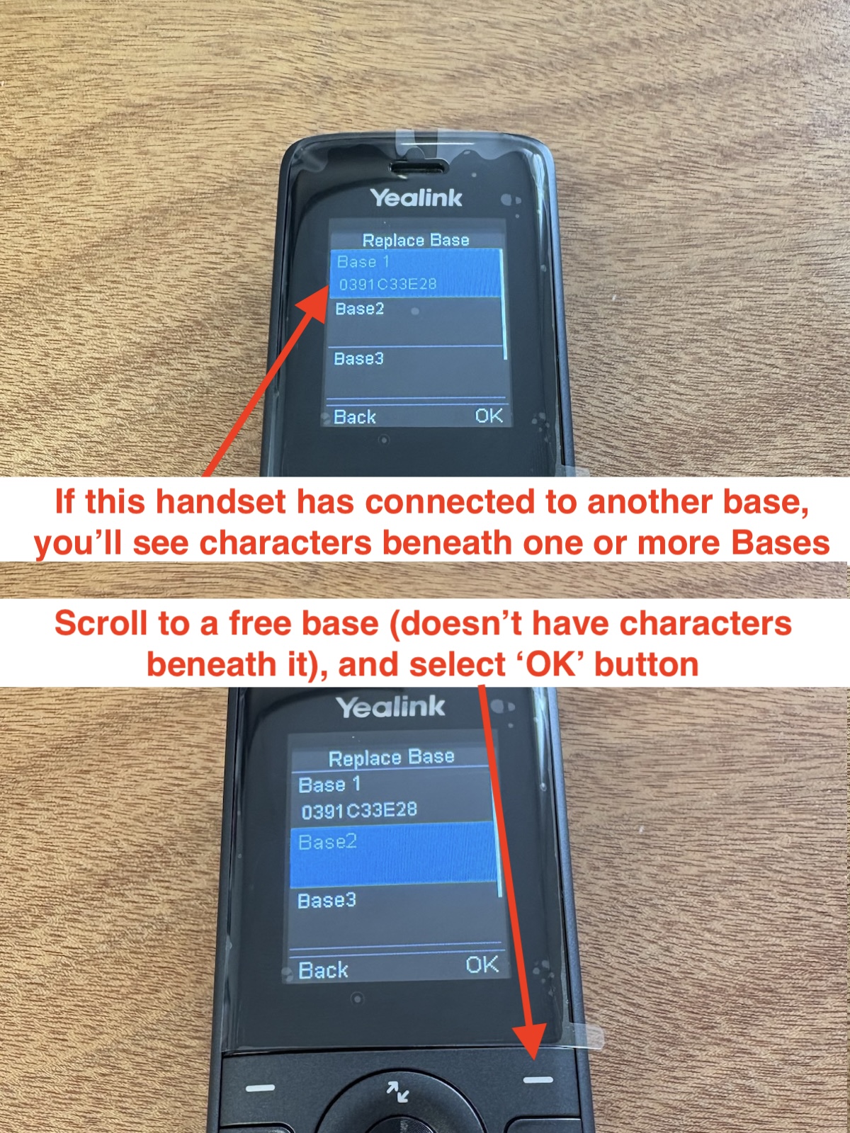 Yealink handset showing a free base slot selection screen